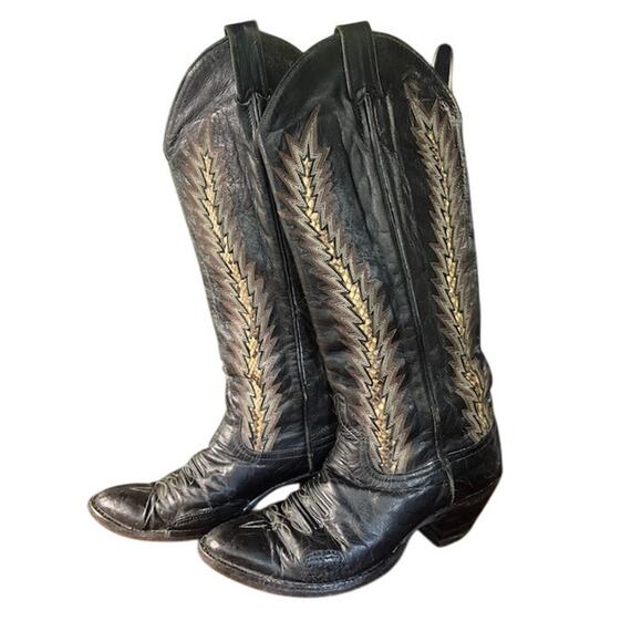 Vintage 80s Larry Mahan Cowboy Boots Black Snake Skin Patterned Western Womens 9 - Picture 1 of 13